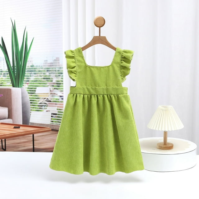 MKOSPLRT Robes d'Été pour Fille Tout-Petit Manches à Volants Col Carré Robe en Velours Côtelé Robe Débardeur Plissée Unie Robe de Fête d'Anniversaire Mignonne