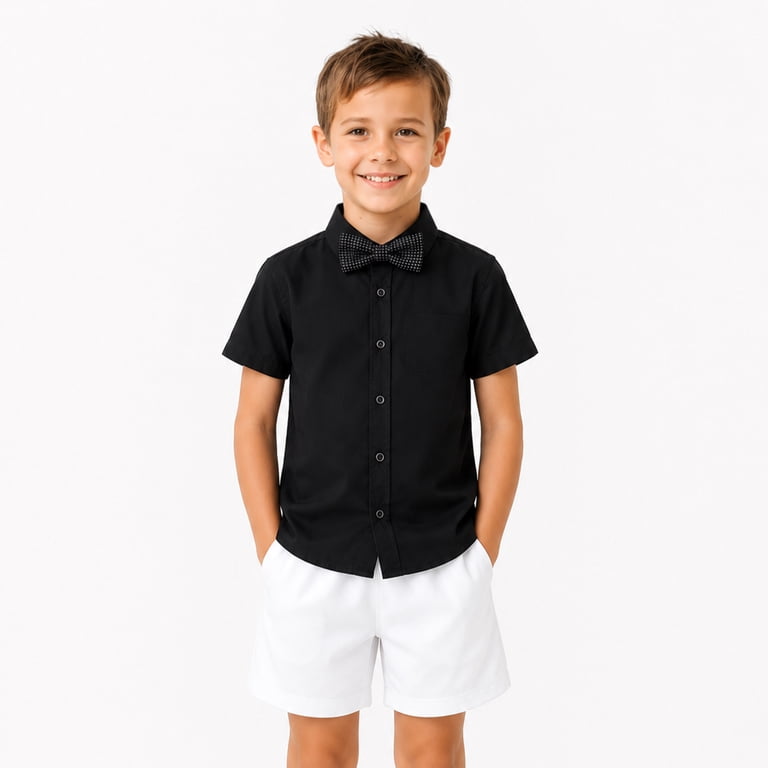 4t black dress shirt Littlespring Toddler Black Dress Shirt for Boys Short Sleeve Uniform Shirt Button Down with Bow Tie Solid 4T, Toddler Boy's