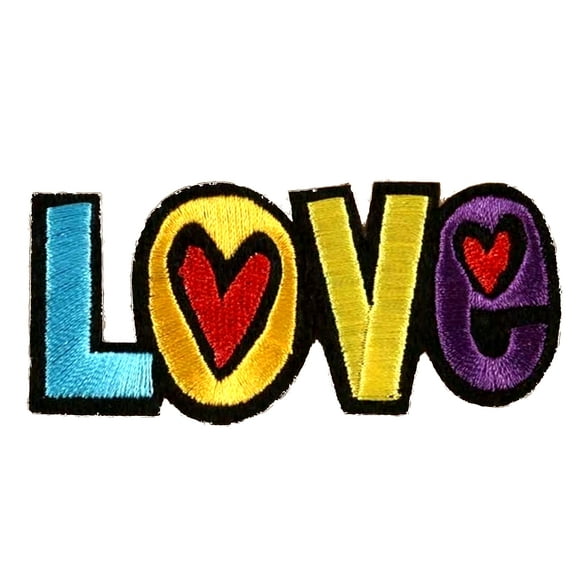 "Love" Text - Embroidered Yellow Heart - Iron on Applique Patch