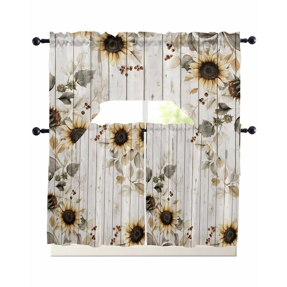 Vintage Sunflowers Kitchen Curtains Sets 24 Inch Length with Valance, Farmhouse Flowers Wooden Grain Swag Valances and Tiers Curtain Set Drapes Swag Curtains for Living Room, Bathroom, Bedroom, Cafe