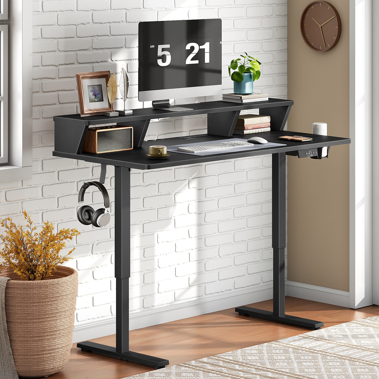 Adjustable Standing Desk with Charging Station - 3 Memory Presets Monitor Shelf Black Gray