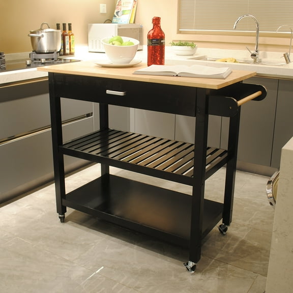 AUSILVER Kitchen Storage Carts with 2 Shelves, MDF Wood Black