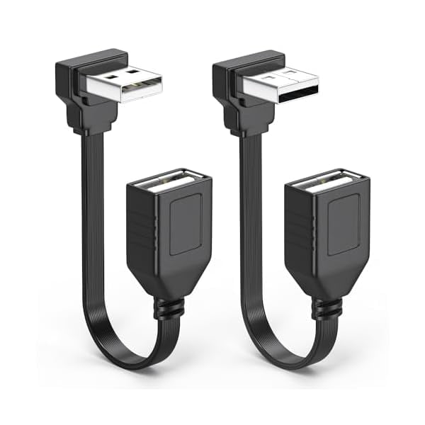 wonima11 2PCS 90 Degree USB2.0 Extension Cable Flat Right Angle USB Male to Female Adapter, Soft 4Inch-10CM USB Cable UP Angle + Down Angle on Each, for Car Carplay