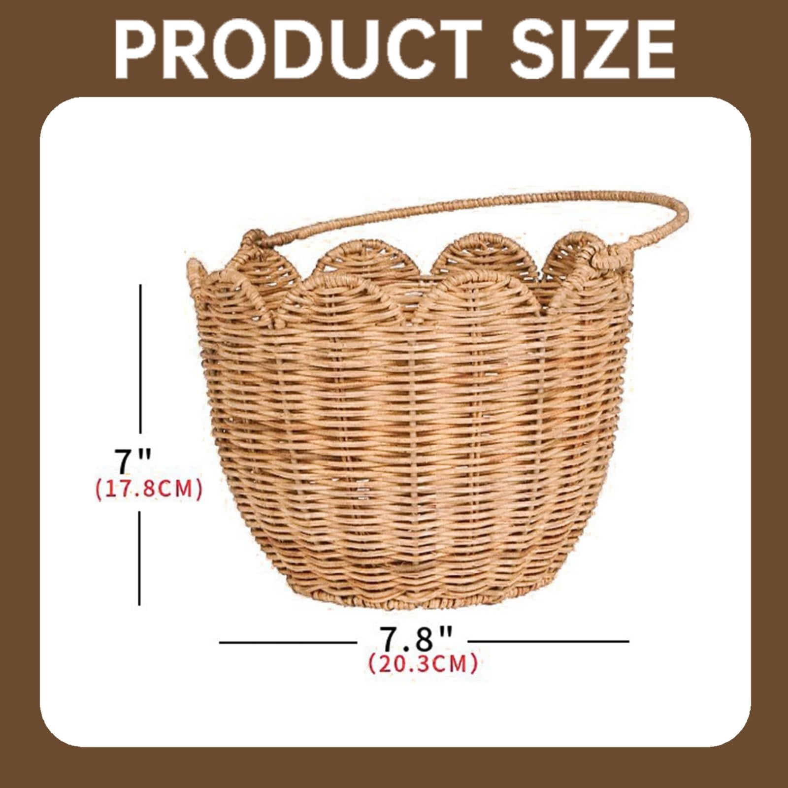 Hewann Scalloped Basket, Scalloped Edge Round Basket with Handle, Wicker Baskets for Storage, Hand Woven Shelf Baskets for Bathroom, Bedroom Organizing,1PC,Brown,Wood