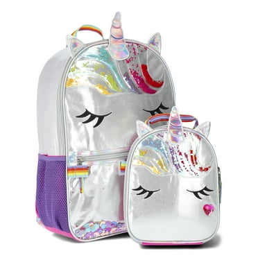 Wonder Nation Critters Mane Event Girls 17" Rainbow Unicorn Backpack and Lunch Bag 2-Piece Set, Silver