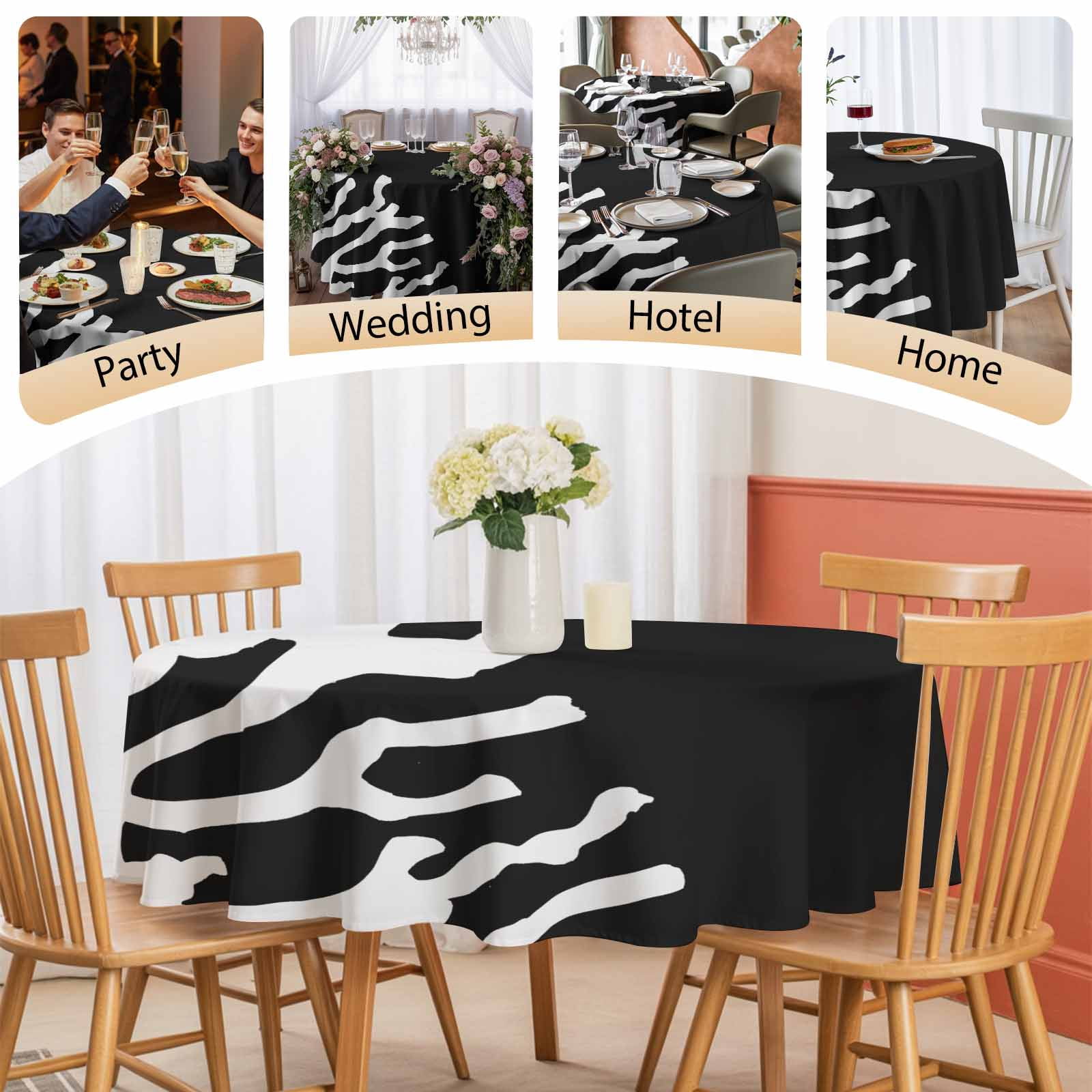 Round Tablecloth Nautical Coastal Waterproof Oil Proof Polyester Table Cloth Cover Decor for Home Dining Outdoor,Patio,Parties, 60" Dia. Ocean Coral Print Black White