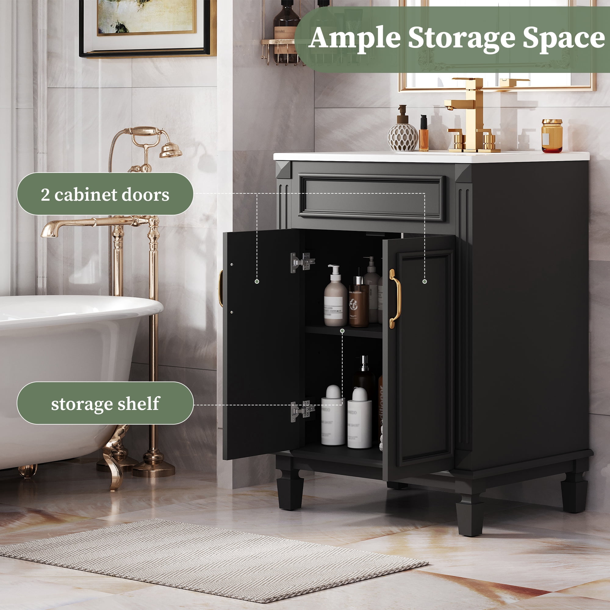Euroco 24'' Bathroom Vanity with Top Sink, Modern Bathroom Storage Cabinet with 2 Soft-Closing Doors and Adjustable Shelf, Solid Wood Frame