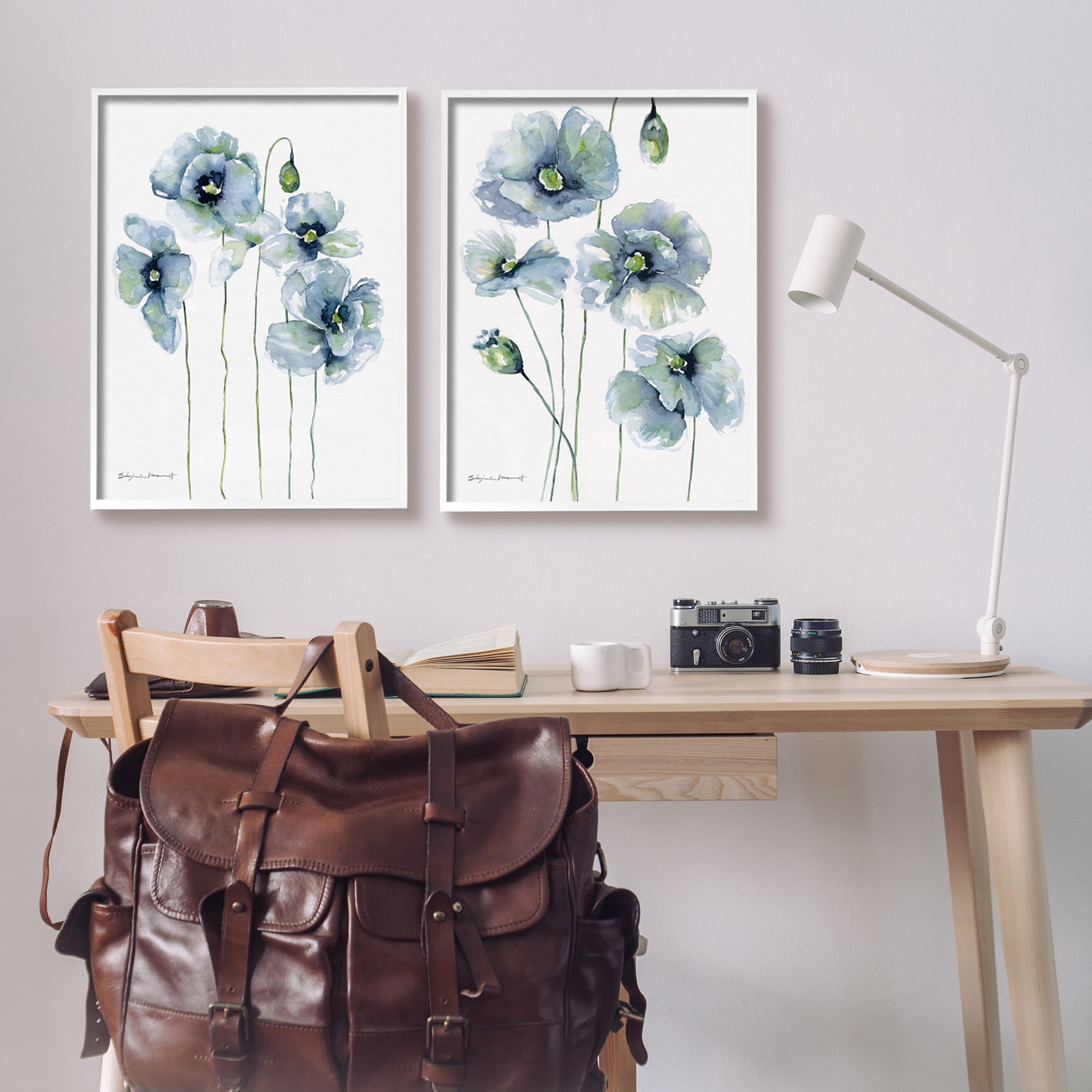 Stupell Blue Poppies Blooming Garden Flowers Botanical & Floral Painting White Framed Art Print Wall Art, Set of 2