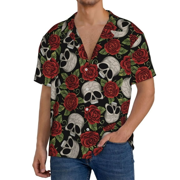 Rateoe Red Rose Skull Print Mens Front Pocket Hawaiian Shirts Casual Shirts Short Sleeve Button Down Beach Tropical Shirts-X-Large
