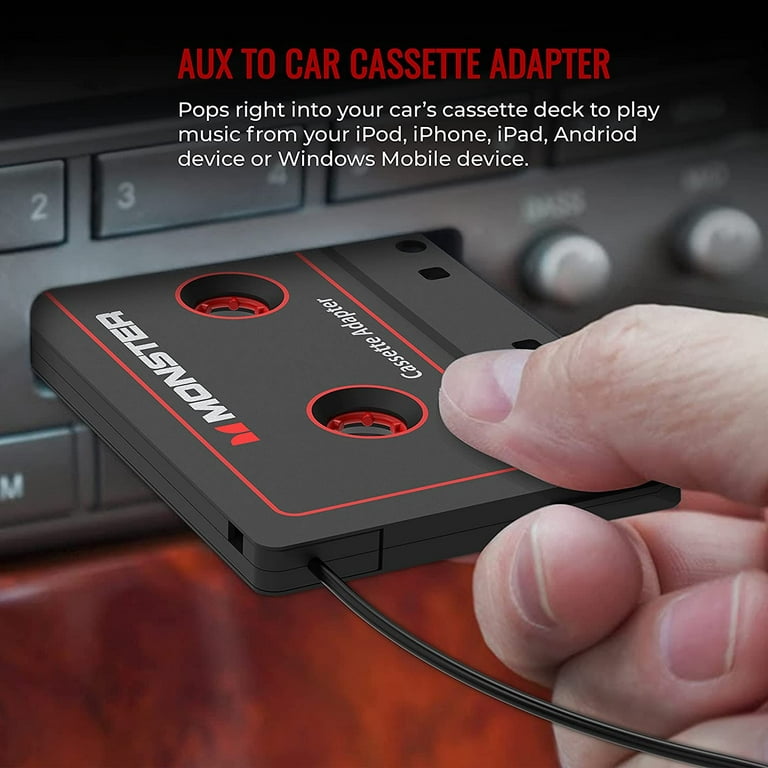 Monster Aux Cord Cassette Adapter 800 - iCarPlay for Car Tape Deck,  Auxiliary To Dashboard, MP3 Player, iPod and iPhone - 3 ft Black Cable