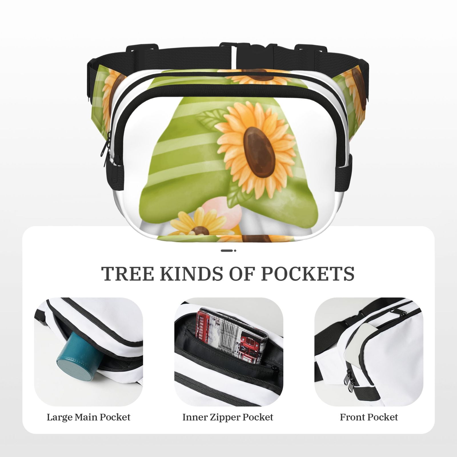 Picia Sunflower Gnomes Print Square Double-Layer Waist Bag Mini Adjustable Waist Belt Bag Exercise Running Travel Hiking