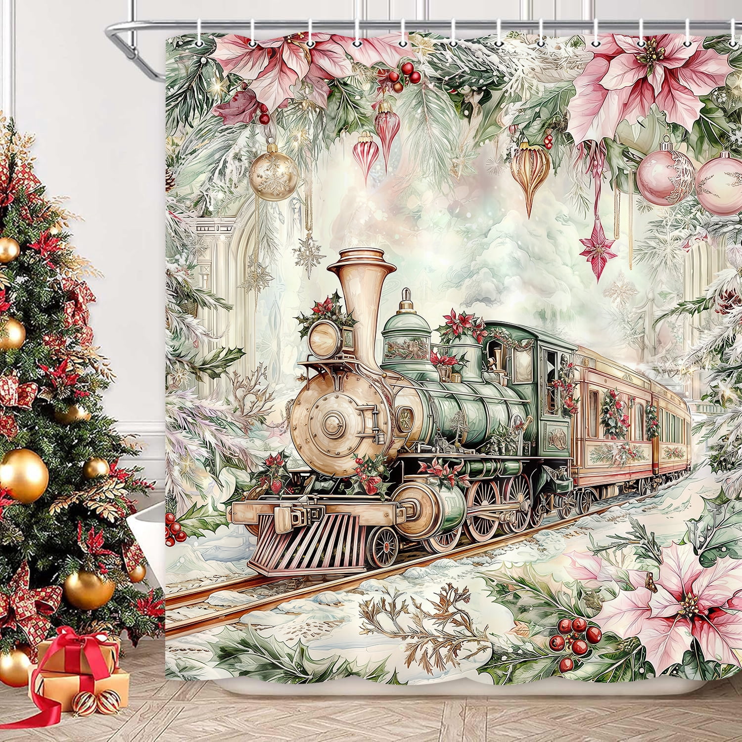 Christmas Train Shower Curtain, Pink Vintage Steam Train Castle Xmas Tree Bathroom Curtain, Country Farmhouse Cute Winter Christma Floral Light Ball Bathroom Decor Shower Cutain Set, 72X72in