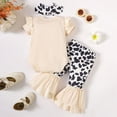 thumbnail image 3 of HCNTES Infant Baby Girl Cow Print Ruffle Sleeve Romper Cow Dot Flared Trousers with Bow Headband 3Pcs Cute Outfit Set 0-18M, 3 of 8