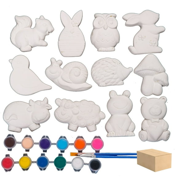 Matoen 12 Sets Animal Kids Arts and Crafts Set Ceramic Painting Kit Unpainted Paintable Ceramics with 12 Pigments 2 Brushes, Paint Your Own DIY Ceramic Figurines for Toddler Boys Girls
