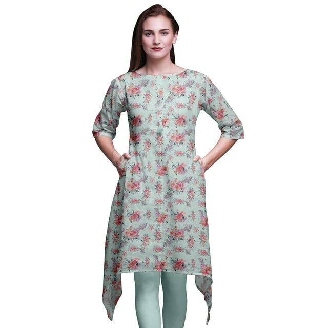 Bimba Green Ranunculus & Roses Floral Women Kurtas Ethnic Printed Asymmetric Summer Wear Tops For Women XXX-Large