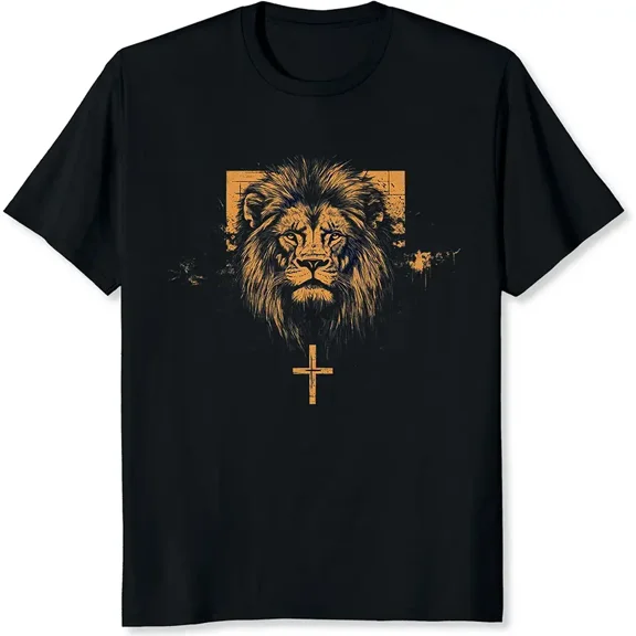 Men's Lion and Cross Graphic T-Shirt, Christian Faith Religious Black Tee