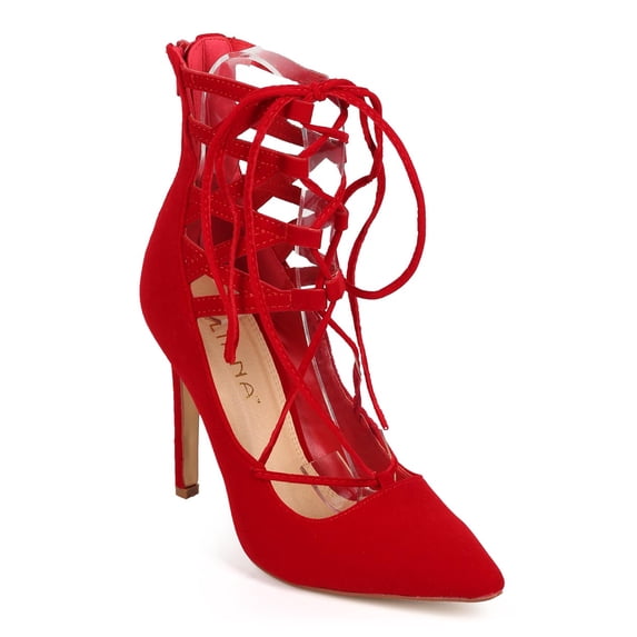 Liliana DF55 Women Suede Pointy Toe Caged Ankle Gilly Tie Stiletto Pump