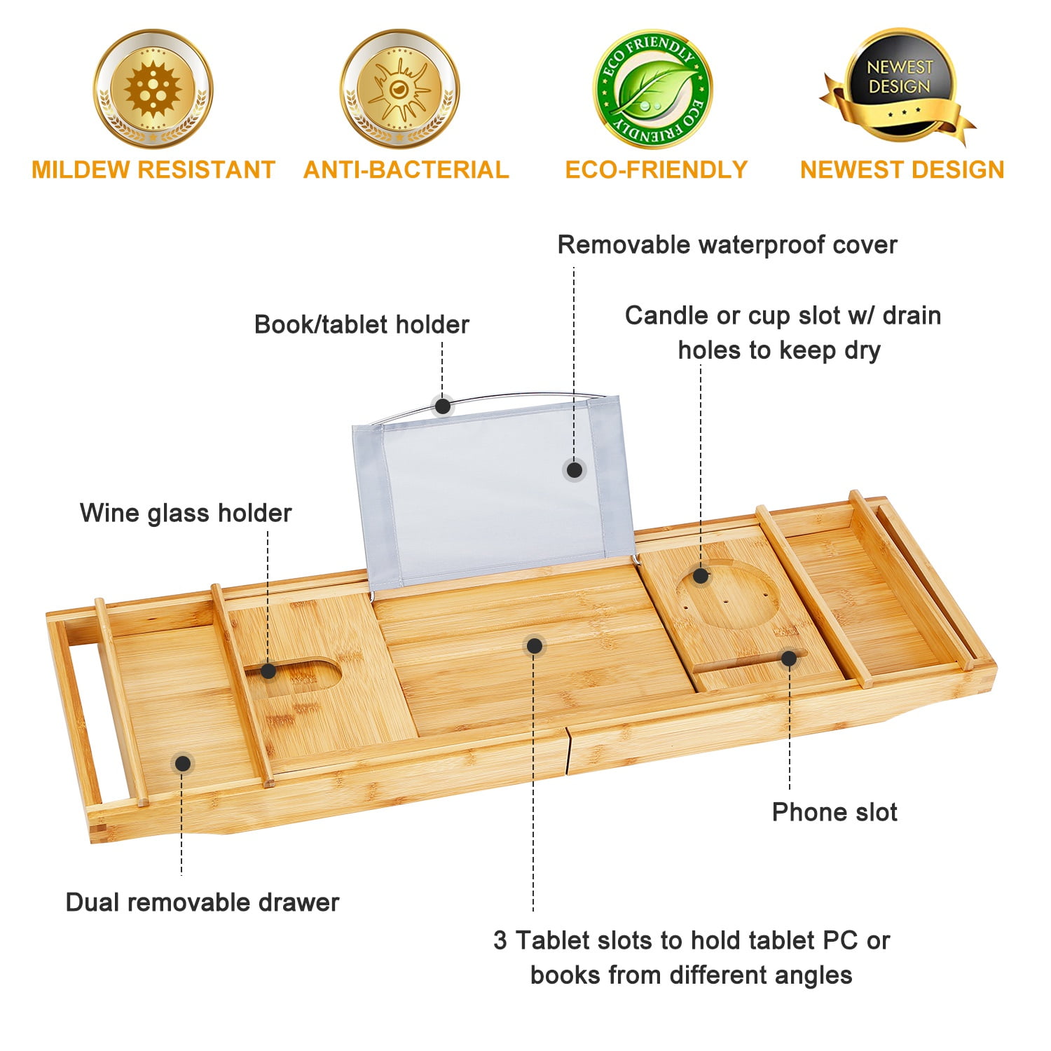 Aquaterior Wood Bamboo Bathtub Caddy Tray Organizer over Tub Rack Phone  Tablet Holder 2 Side Trays 