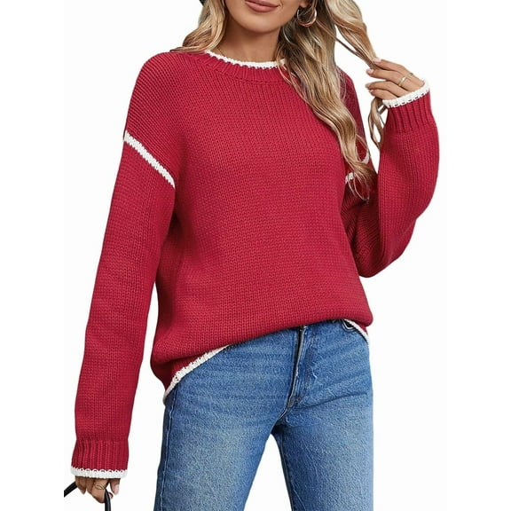 Women Crewneck Sweaters Long Sleeve Knit Pullover Sweater Casual Fall Tops Red XL