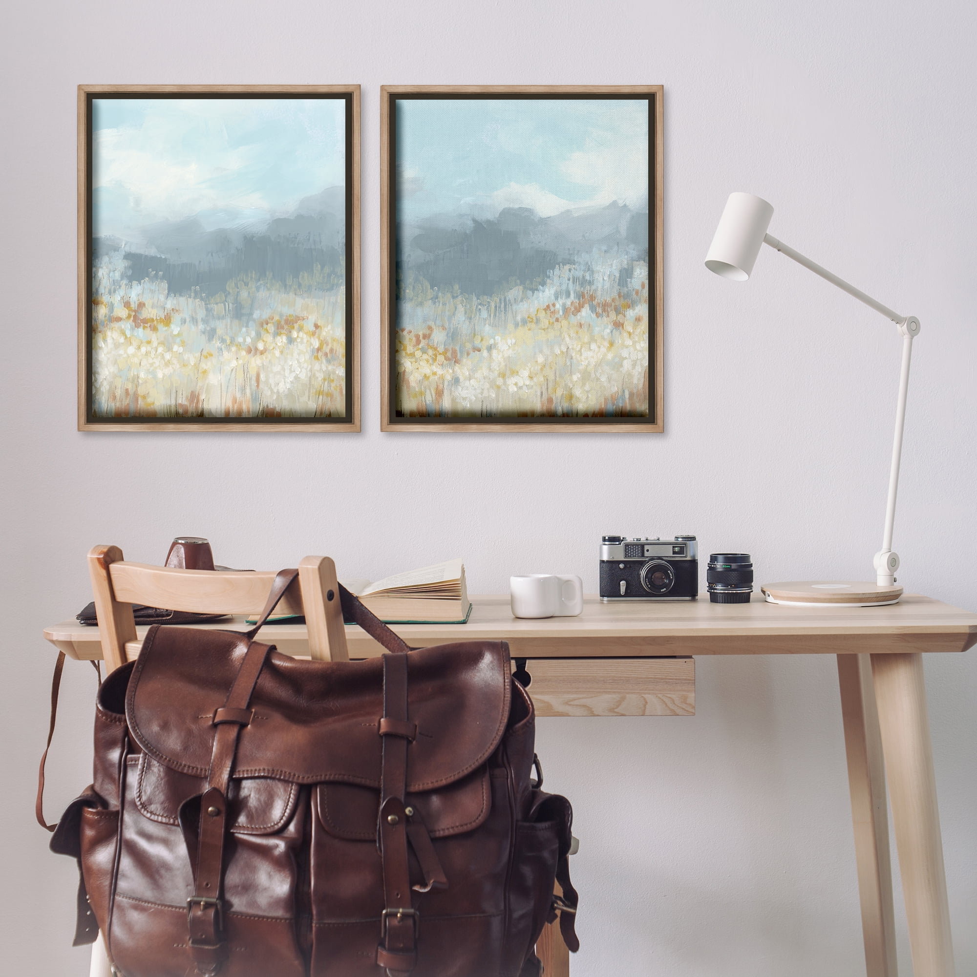 Stupell Industries White Flower Field Mountains Landscape & Nature Painting Brown Floater Framed Canvas Art Print Wall Art, 31 x 25, Set of 2