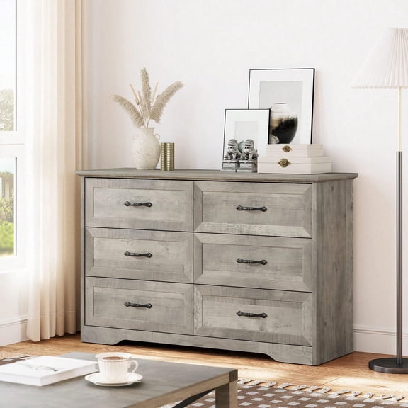 Dresser For Bedroom With 6 Drawers, Wood Drawer Dresser Chest Of Drawers For Closet, Living Room, Hallway, Nursery, Kids Bedroom