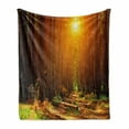 thumbnail image 1 of Landscape Soft Flannel Fleece Blanket, Sunset Dawn Sun Rise Beams in Forest Tree Nature Plants Print Image, Cozy Plush for Indoor and Outdoor Use, 50" x 60", Earth Yellow Dark Orange, by Ambesonne, 1 of 6