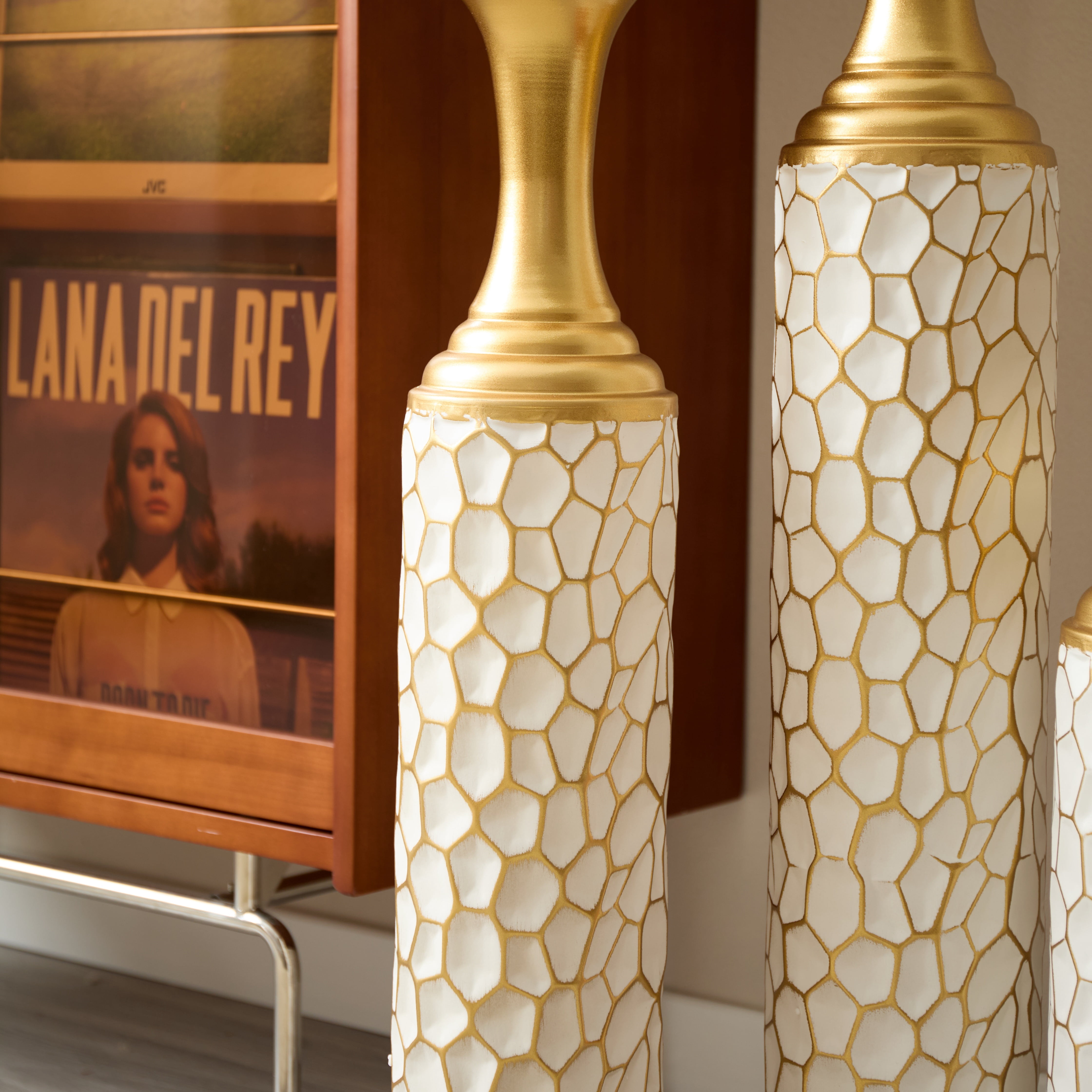 Aukfa Metal Decorative Tall Floor Vase,Set of 3 Large glazed Vases,24.41"/ 29.92"/33.46" H,Gold
