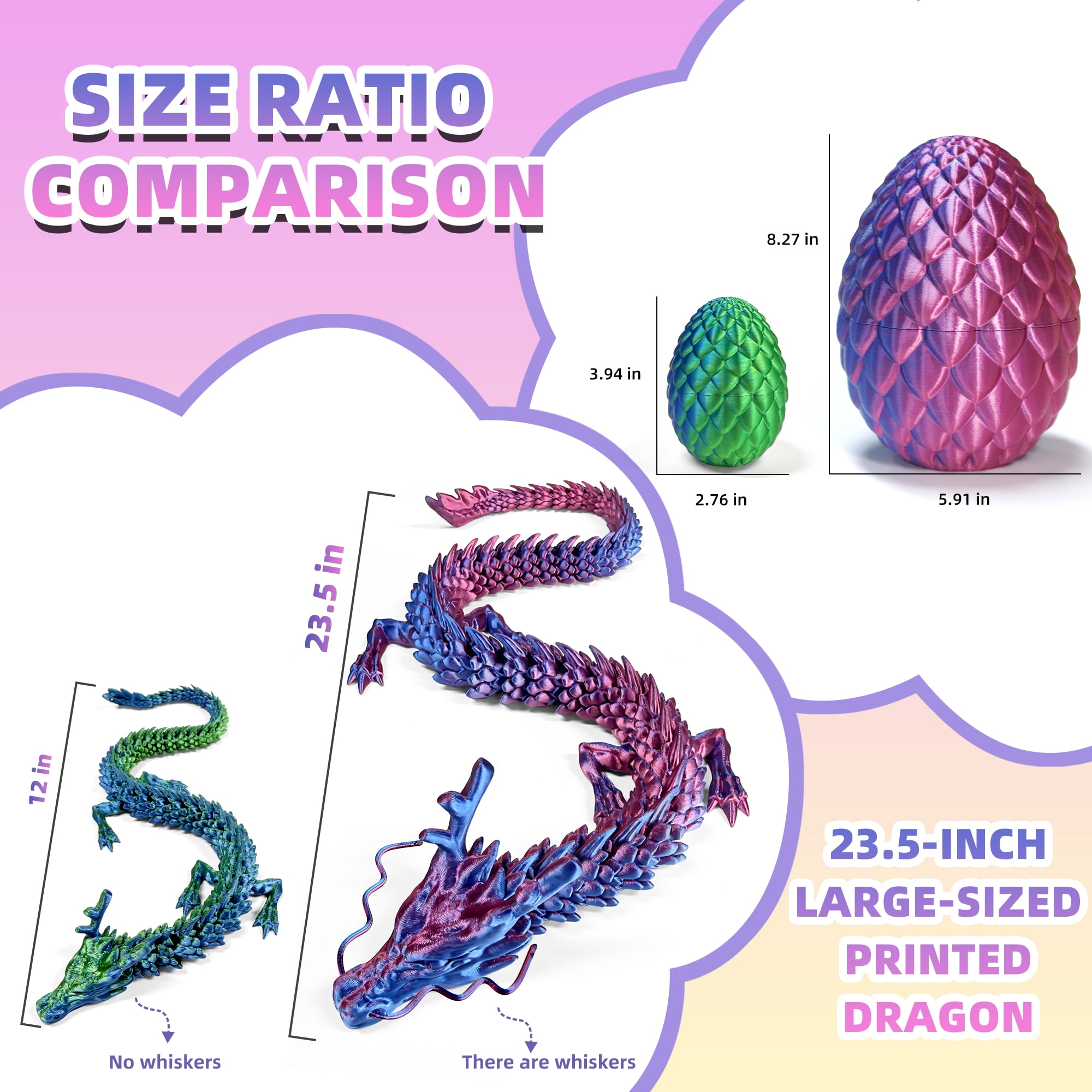 3D Printed Dragon Egg, Colorful 3D Printer Articulated Dragon Toy for Kids, 23.5 inch 3D Printed Easter Dragon ADHD Fidget Toys , Office Desk Figurine Decor