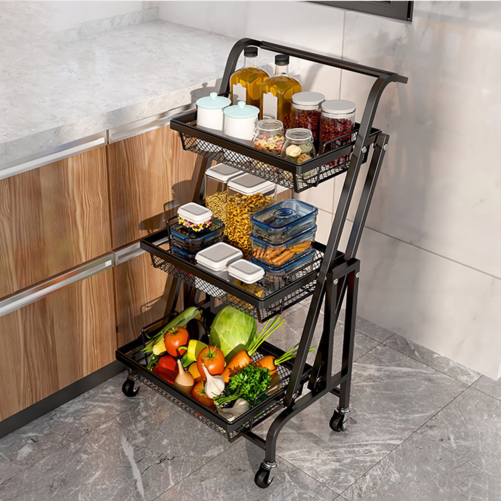 Storage Trolleys Rolling Utility Organization Cart Multi-function Metal Household 3-Tier Kitchen Heavy Duty Tower Rack Shelf With Mesh Basket and Wheels for Kitchen Bathroom Office Library Salon 
