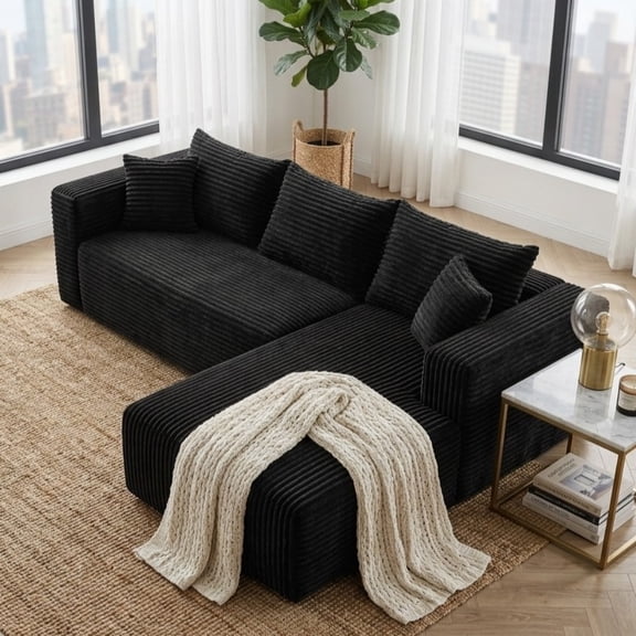 Anybox 92.5" Corduroy Modular Sectional Sofa, L-Shaped Boneless Couch with Right-Facing Chaise and Deep Seat, No Assembly, Black