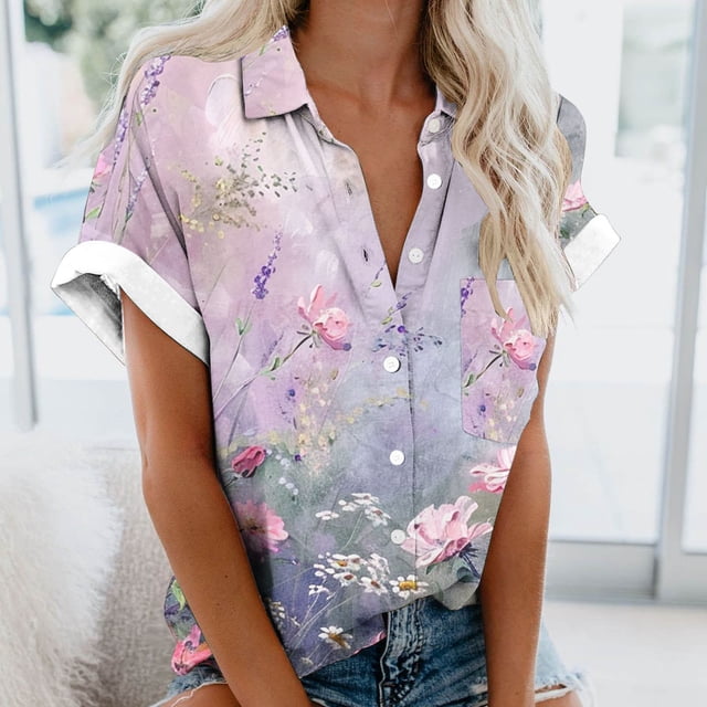 Fiudx Camisas de Mujer Blusas de Manga Corta Estampadas Informales Regulares para Mujertop