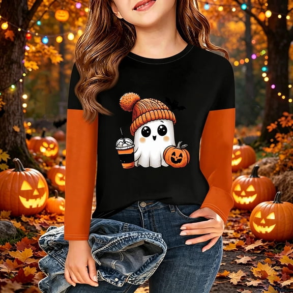 Halloween Cute Shirts for Girls Size 8-10 Long Sleeve Novelty Cartoon Pumpkin Ghost Bat T-Shirt Thanksgiving Trendy Y2k Crew Neck Tee Tops Black 5-6 Years