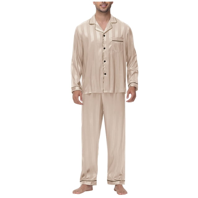 VOAVEKE Ensembles de Pyjama pour Hommes, Pyjamas pour Hommes, Pyjamas à Manches Longues Col Rabattu en Soie Glacée Tenue de Maison Portée à l'Extérieur Or Rose TG