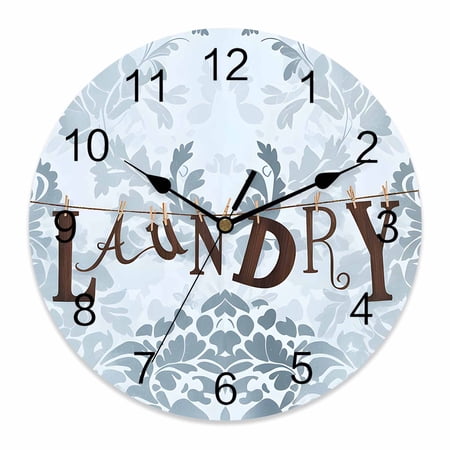 Wall Clock 14 inch Laundry Theme Battery Operated Clocks Silent Non-Ticking Wallclock Blue Floral Pattern Vintage Round Decorative Wall Clocks for Home Office School