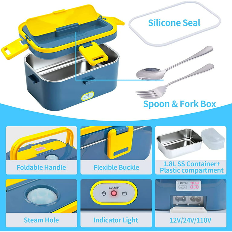 Electric Lunch Box, 1.8L Heated Lunch Box for Truck/Car/Office/Home/Work,  12/110v 3 In 1 Portable Food Warmer Lunch Box with Fork & Spoon and  Carrying Bag