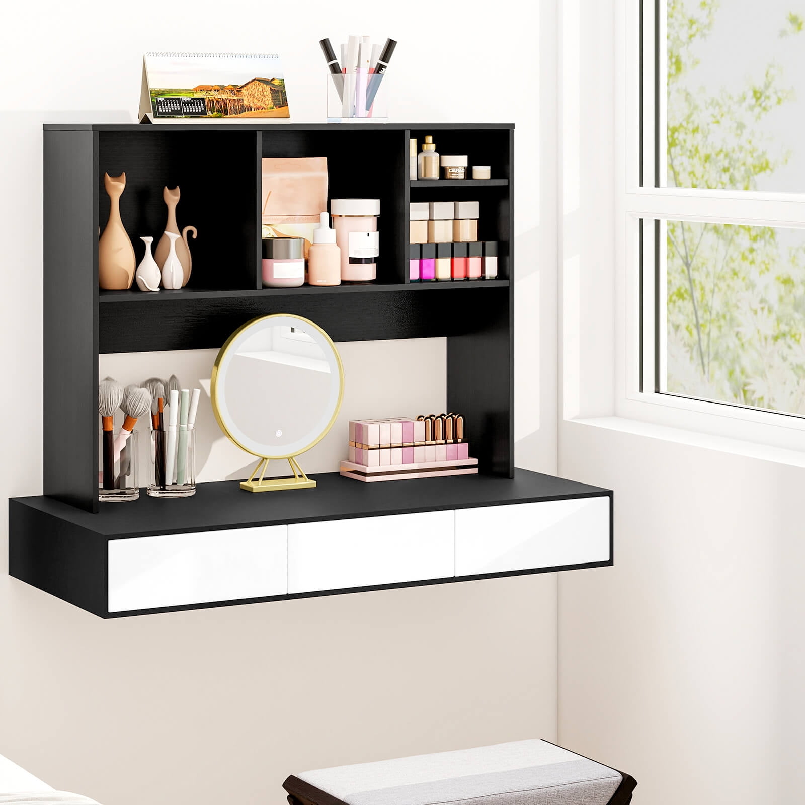 Costway Computer Desktop Bookcase Countertop Storage Bookshelf Organizer with 4 Cubbies Black
