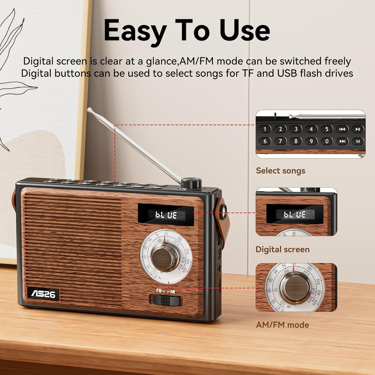 Portable AM FM Radio Bluetooth,Retro Transistor Radio,Rechargeable Vintage Wireless Radio with Digital Display,Support USB/TF/AUX Player,Battery Powered or DC,for Home Office Outdoor,Gifts for Senior