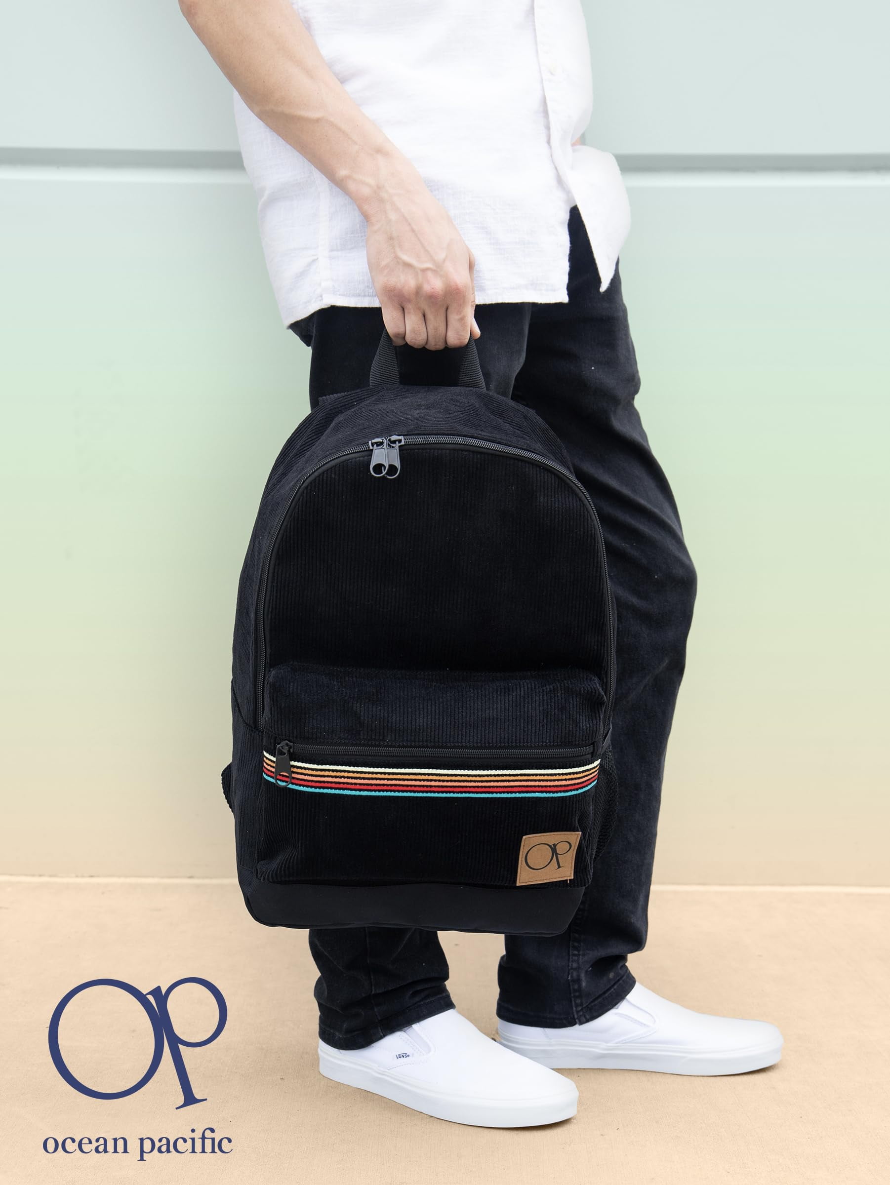 Ocean Pacific OG Corduroy Backpack for Travel, Waterproof College Fits 15.6” Laptop, Adults, Black