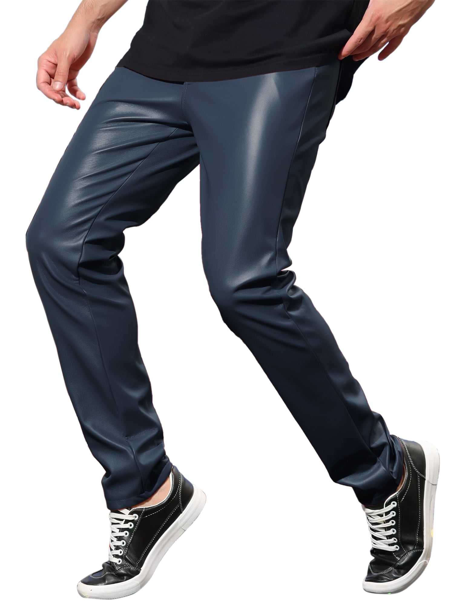 INSPIRE CHIC Men's Pants Faux Leather Slim Fit Zip-Fly Solid Pants 36 Navy Blue
