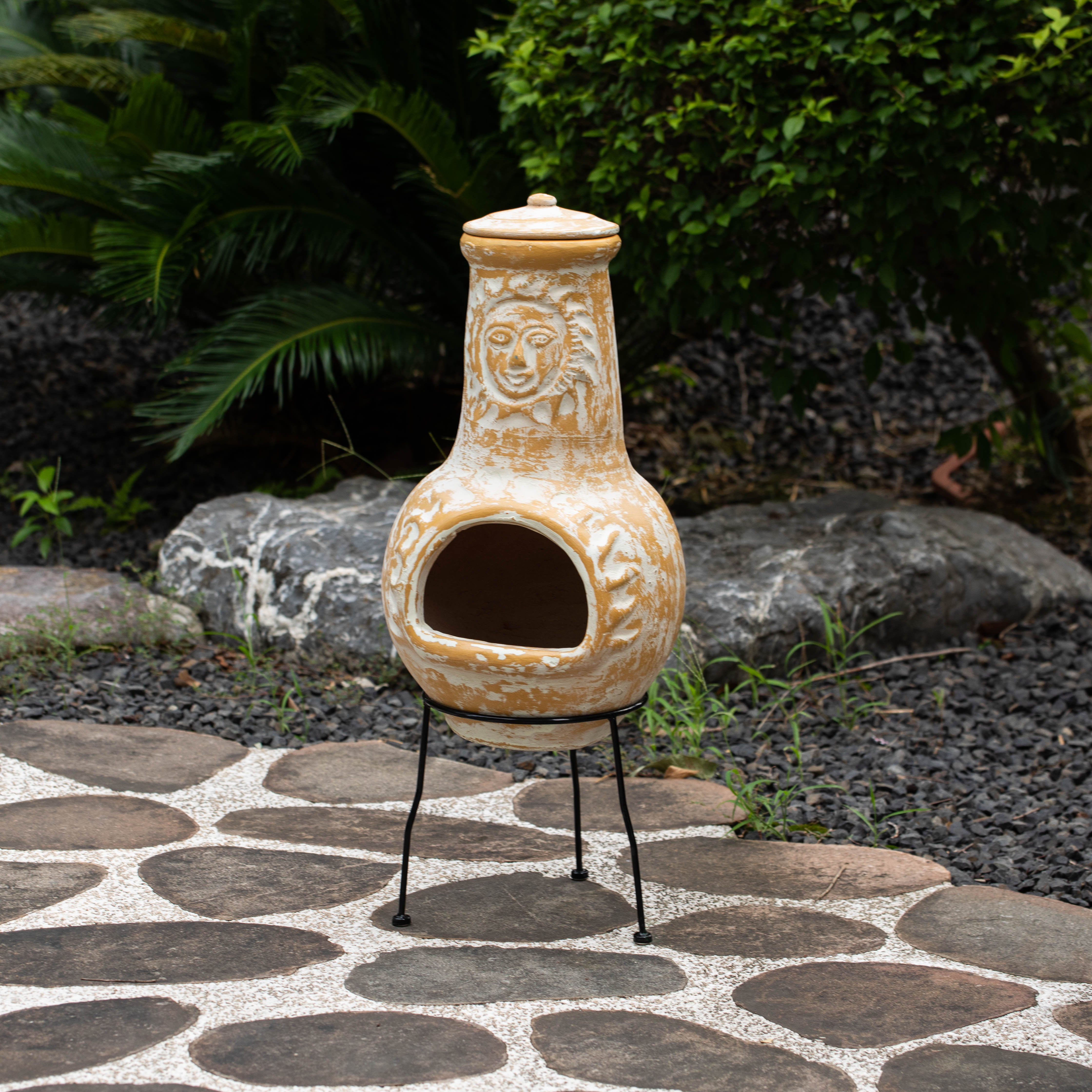 Vintiquewise QI004631.G Outdoor Clay Chiminea Fireplace Sun Design Wood Burning Fire Pit with Sturdy Metal Stand, Barbecue, Cocktail Party, Cozy Nights Fire Pit, Stone Gray