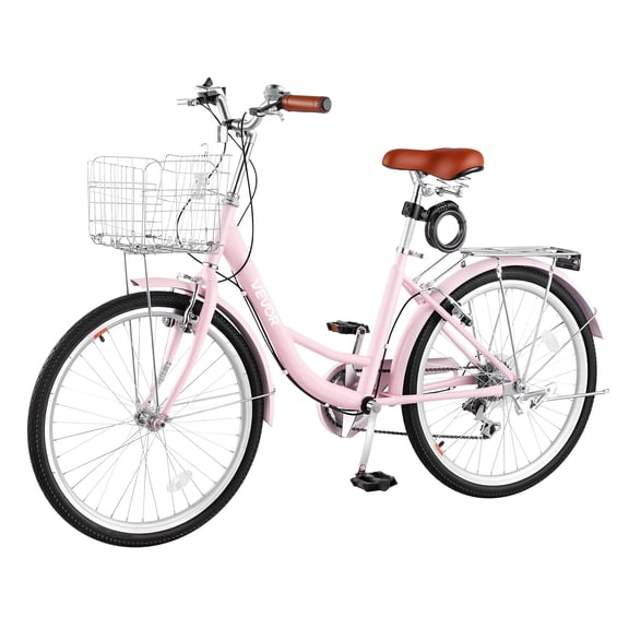 VEVOR Women Bike, 24 in Beach Cruiser Bike, 7-Speed Adult City Bicycle with Carbon Steel Frame, 330 lbs Capacity, Basket, Rear Rack & Dual V-Brakes, Pink
