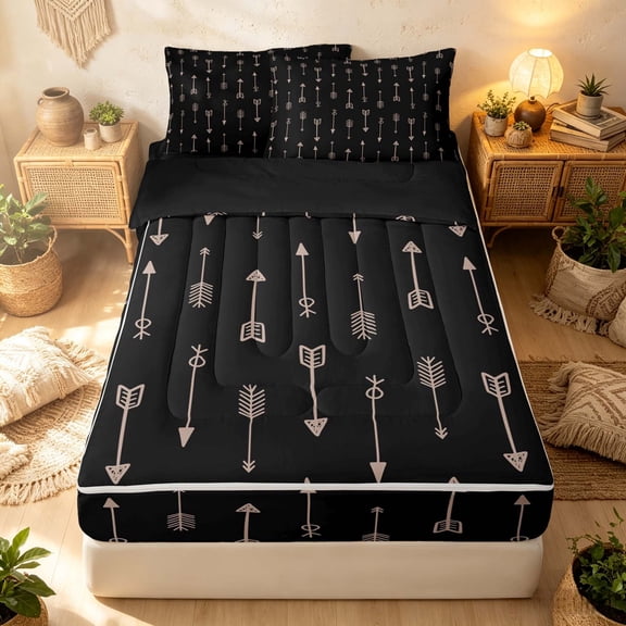 Erosebridal Traditional Arrow Zipper Twin Comforter Sets with Fitted Sheet and 2 Pillowcases, Gothic Cottage Zipper Bedding Set, Black Blush, Black Reversible