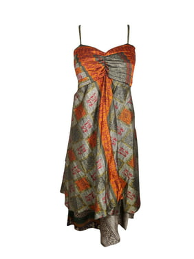 Mogul Women Vintage Recycled Sari Printed Sundress Layered Spaghetti Boho Chic Strap Beach Summer Dresses S/M