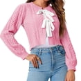 thumbnail image 2 of Women Bow Tie Front Long Sleeevd Ribbed Cable Sweater Knit Crop Cardigan, 2 of 6