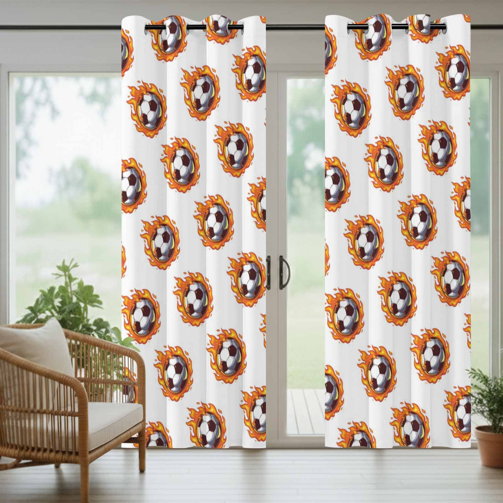 Dark Flaming Soccer Outdoor Curtains for Patio, Hot Sports Orange Yellow Soccer Ball Sunshade Privacy Drapes Grommet Waterproof Outside Curtains for Porch/Cabana/Balcony 54"x 108", 1 Panel