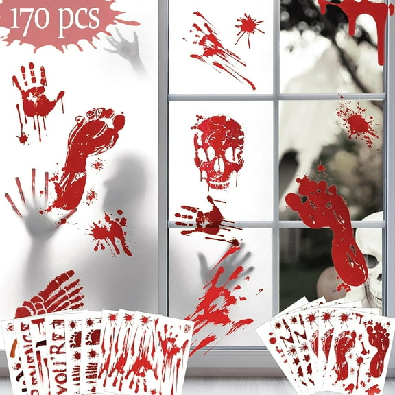 Halloween Decorations 170 PCS Halloween Window Clings, Bloody Handprint Footprint Halloween Wall Decal Floor Clings with Tattoo Stickers, Scary Halloween Decoration Window Stickers