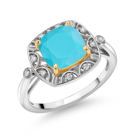 Gem Stone King 925 Sterling Silver and 10k Yellow Gold Green Turquoise and White Lab Grown Diamond Engagement Ring for Women (2.07 Cttw, Cushion Cut 8MM, Size 5)