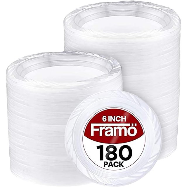 FRAMO Disposable Clear Plastic Dessert Plates 6 Inch (180 Pack) Microwaveable Small Plastic Plates In Bulk for Parties. Catering. BBQ, Travel
