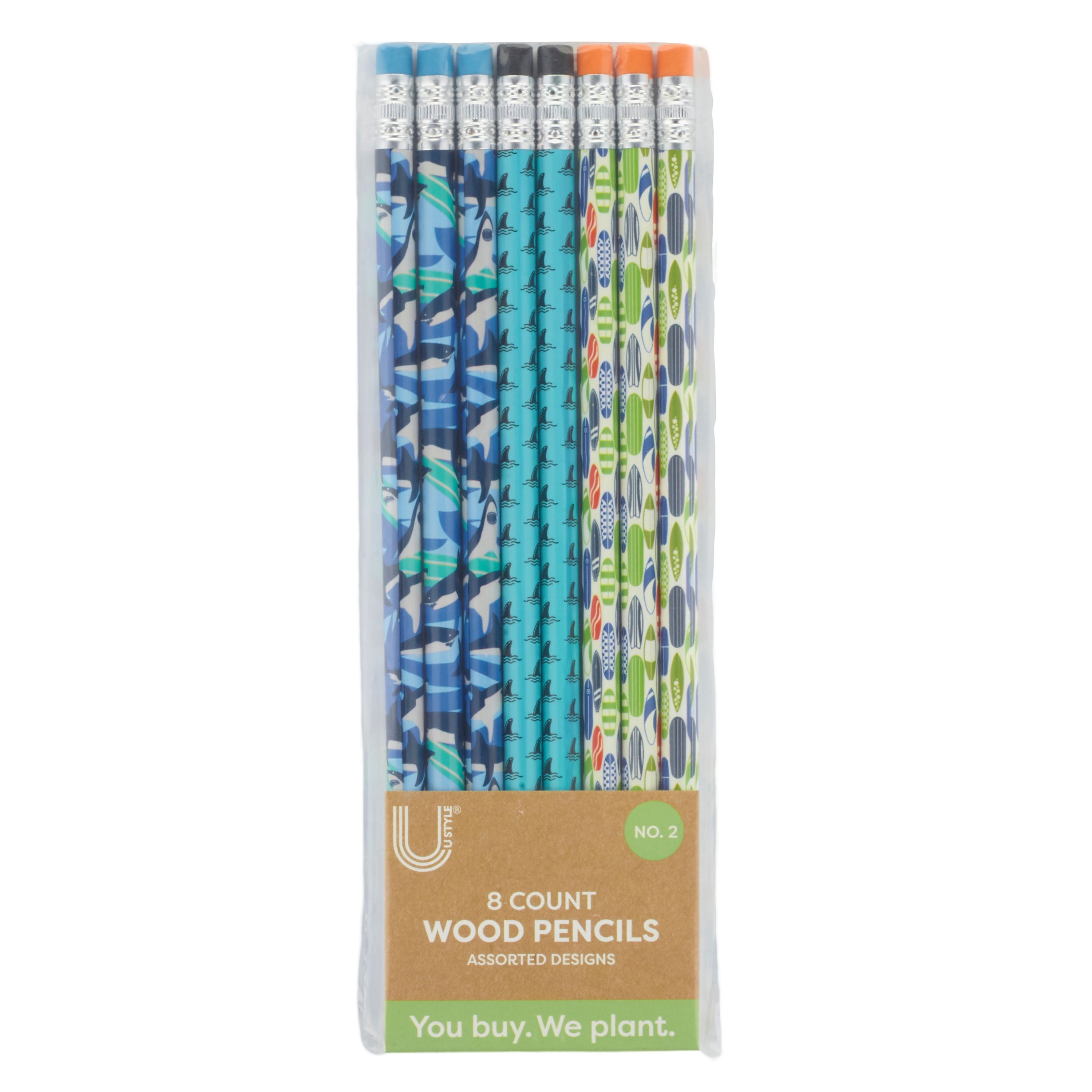 U Style No. 2 Wood Pencils, Shark Design, 8 Pack
