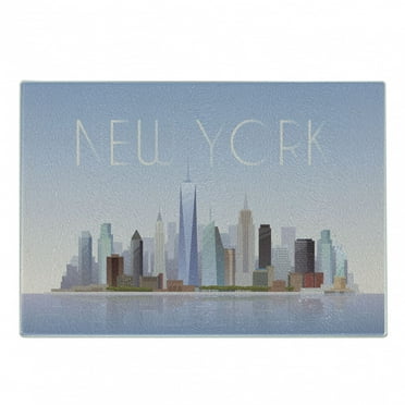 NYC Cutting Board, Modernistic Urban Illustration of New York Cityscape Skyline Pastel Tones Print, Decorative Tempered Glass Cutting and Serving Board, in 3 Sizes, by Ambesonne
